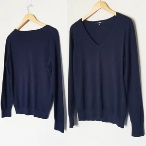 Maglione pullover Uniqlo donna L blu navy scollo a V cotone cashmere maniche lunghe - Foto 1 di 13