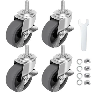 Ruedas giratorias, Juego de ruedas de vástago giratorio de bloqueo de 3" con freno de 4, 3/8"-16 x 1" - Imagen 1 de 3