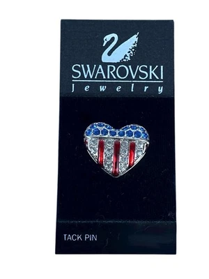 Swarovski Crystals Patriotic Lapel Pin Brooch American HEART Flag Enamel Silver - Image 1 of 3