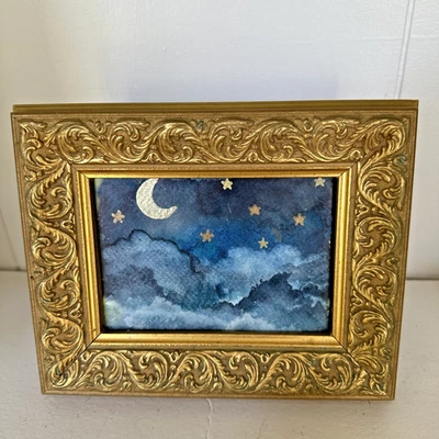 Original Mini Watercolor Painting Framed Celestial Moons Stars Gold Gilt Frame - Image 1 of 4
