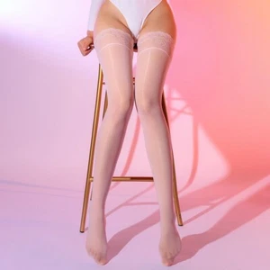 Womens Oil Shiny Glossy High Stockings Lace Silicone Stay Up Thigh-Highs Hosiery - Picture 1 of 76