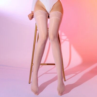 Meia-calça feminina brilhante a óleo renda silicone ficar para cima coxa-alta - Imagem 1 de 4