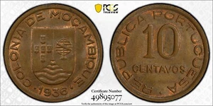 Mosambik 1936 10 Centavos KM-63 PCGS MS-64 BN - NUR 1 HÖHER BEWERTET! - Bild 1 von 3
