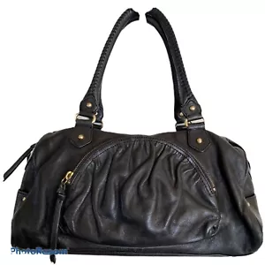 Botkier Black Leather Shoulder Bag Purse Large Satchel Zippers Gold Tone - Picture 1 of 10