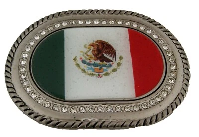 Mexico Country Flag Belt Buckle Western Rodeo HEBILLA Vaquero Silver Rhinestones - Image 1 of 4