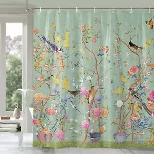 Shower Curtain Green Mould Proof Resistant Waterproof Bird Floral Bathroom - Picture 1 of 12