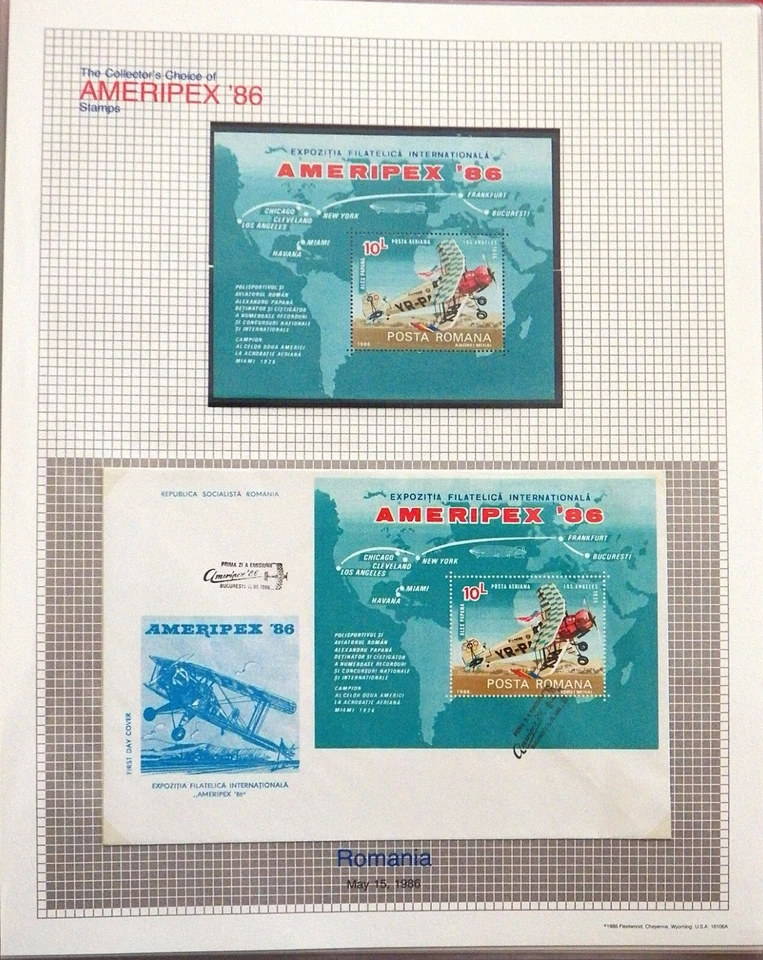 AMERIPEX '86 Rumania - Estampillas como nuevas y FDC en monturas a página con funda exterior Foto 1 de 1