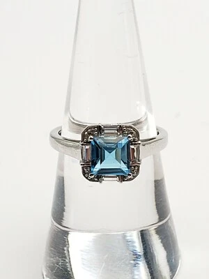 Sterling Silver 925 Asscher Cut Swiss Blue Topaz - CZ Halo Cocktail Band Ring  - Изображение 1 из 4