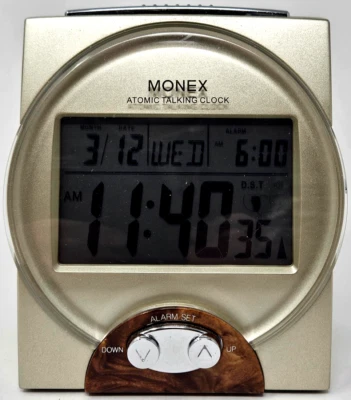 Monex Atomic Talking Day Date Desk Top Digital Alarm Clock Battery Oper. Modern - Image 1 of 4