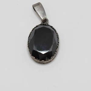 Vintage Sterling Silver Faceted Black Stone Cabochon Necklace Pendant - Picture 1 of 6