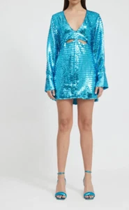 Tojha Tassel Electric Blue Sequin V Neck Satin Lined Cut Out FIORE Mini Dress 2 - Picture 1 of 24