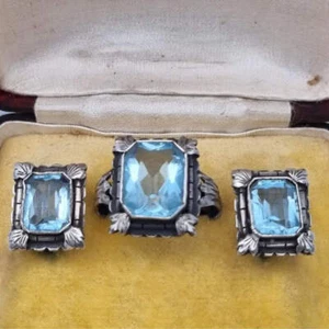 Art Deco Aquamarine Silver & Simile Ring & Earring Set, 1940s - Picture 1 of 11