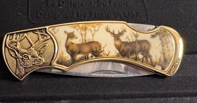 Cuchillo de bolsillo FranklinMint Collector Cuchillos Wildlife Series Ciervo cola blanca con estuche Foto 1 de 4