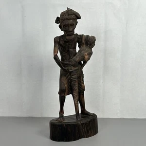 Mid 20th Century Hand-Carved Balinese Man Feeding Chicken Ebony Wood Sculpture - Picture 1 of 10