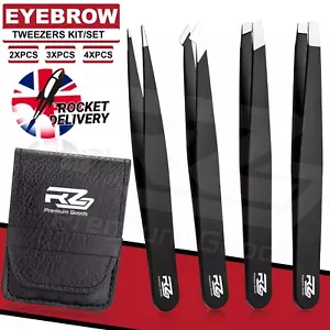 Tweezers Set 2-3-4 Piece Professional Stainless Steel Eyebrow Hair Pluckers Case - Picture 1 of 9