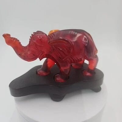 Vgt Chinese Elephant Statue Red Amber Carved Acrylic Fengshui Sculpture Trunk Up - Image 1 of 4