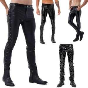 Men's Faux Leather Pants Punk 80's Rock Skinny Leggings Motorcycle Biker Pants - Picture 1 of 48