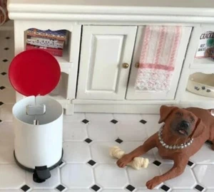 Miniature Dollshouse Accessories White Pedal Garbage Bin Red Opening Lid 1:12th - Picture 1 of 4