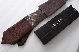 HISDERN 100% SILK BROWN PAISLEY PATTERN NECK TIE WITH POCKET SQUARE SET NIB - Picture 1 of 4