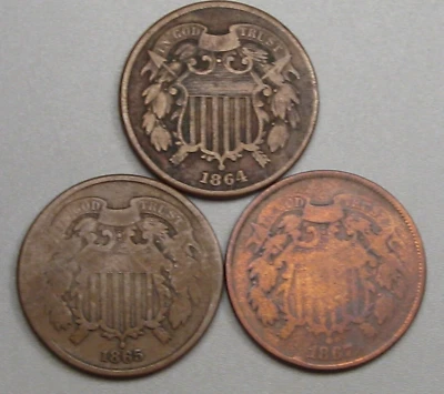 3-US 2¢ Two Cent Piece 1864, 1865, 1867. - Image 1 of 4