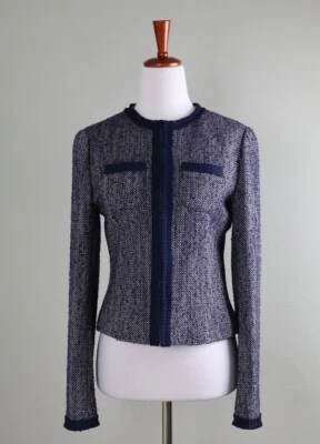 BROOKS BROTHERS 346 $298 Navy Pleated Trim Wool Tweed Jacket Top Size 2 - Image 1 of 4