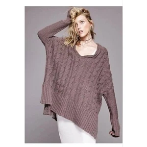 Free People Easy Cable Knit V Neck Sweater Women Small Mushroom Boxy Oversized - Bild 1 von 12