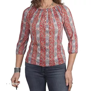 CHAPS RALPH LAUREN S/XS Rojo Azul Boho Cachemira Rayas Henley Campesino Tejido Top - Imagen 1 de 14
