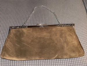 Gestempelt 1929 Geldbörse Vintage Wildleder braun Metallverschluss innen Leder mit Kette - Bild 1 von 11