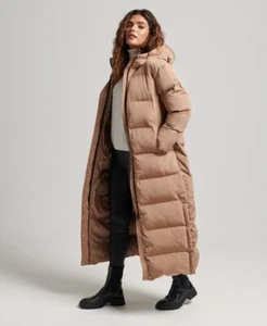 Ex Superdry Womens Hooded Maxi Puffer Coat Size 12 Woodsmoke Colour - Picture 1 of 7
