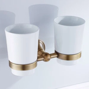 Antique Brass Wall Mounted Bathroom Toothbrush Holder With Dual Ceramic Cups - Picture 1 of 6
