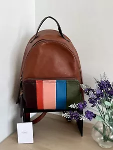 Fossil Felicity Tan & Stripe Pebbled Leather Backpack Rucksack Adjustable Straps - Picture 1 of 21