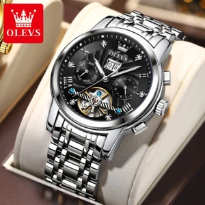 Orologi da polso meccanici automatici OLEVS uomo acciaio inox gemme giorno cavo - Foto 1 di 13