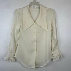 Vtg Blouse Women S Big Collar Sheer Solid Button Shirt Top Ivory Ruffle Cuff - Picture 1 of 8
