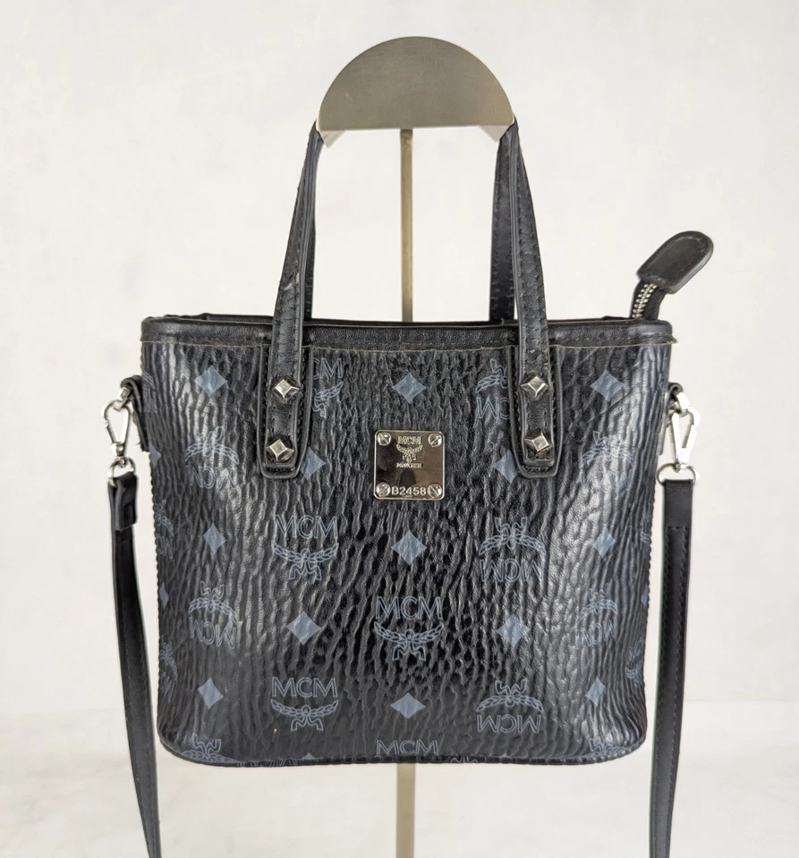 Auténtico Bolso de Hombro MCM Cuero Negro Visetos Cartera Lona Hecho en Corea Foto 1 de 4