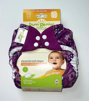 BumGenius 贴布有机紫色元素尿布一体操作系统全新  — 第 1/3 张图片