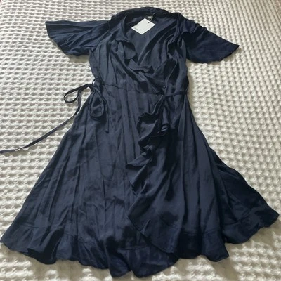 Vestido ASOS, azul marino, cuello con volantes, cizalla, midi, envolvente, talla 10 nuevo con etiquetas Foto 1 de 4