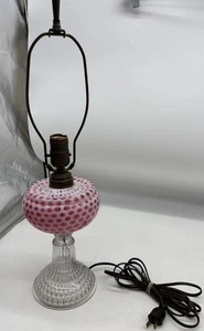 Antique Hobbs Cranberry Coin Spot Opalescent Glass Kerosene Oil Lamp Electrified - Picture 1 of 7
