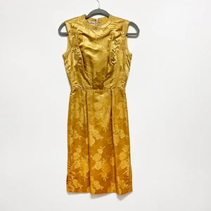 Vintage Gold Satin Made in British Colony of Hong Kong Floral Dress Size XS - Picture 1 of 5