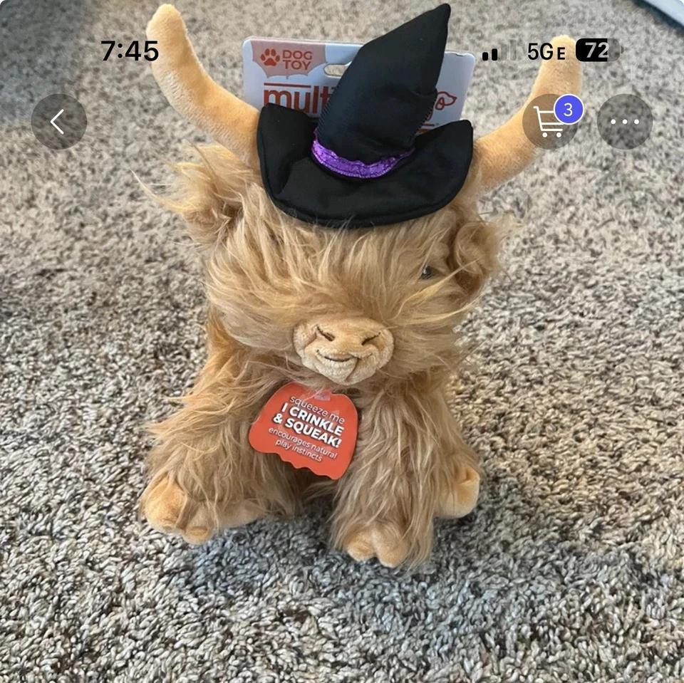 Juguete Multipet 9" Highland Vaca Perro con Chirrido, Acurrucarse/Lanzar, Beige, Peluche Suave Foto 1 de 1