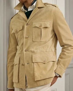 Beige Field Leather Jacket Men Pure Suede Custom Made Size S M L XXL 3XL - Picture 1 of 8