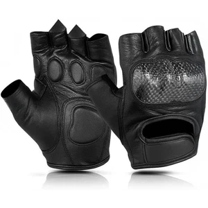 Herren Motorrad Fingerlose Leder Halbfinger Fahren Schwarz Handschuhe Harte Knöchel - Bild 1 von 7