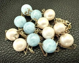 Pearl & Aquamarine Beaded Necklace Sterling Silver 925 Over Gold Vermeil 36” - Picture 1 of 11