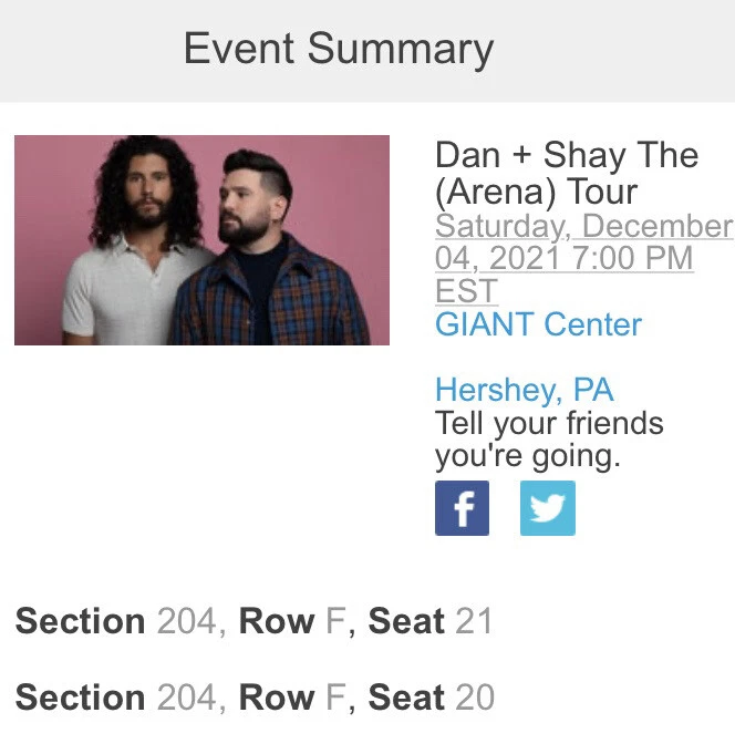 Dan and Shay (2) tickets, Hershey, PA (12/04) - Image 1 of 1