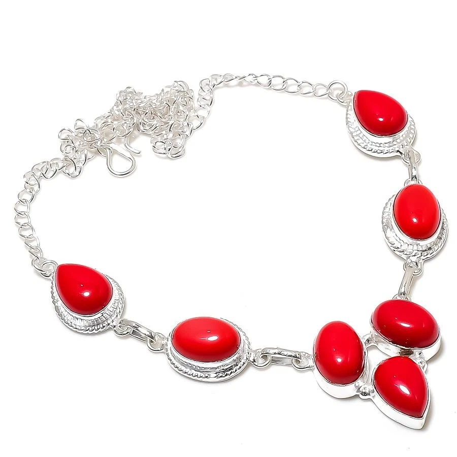 Collar de joyería de plata de ley 925 hecho a mano con piedras preciosas de coral rojo tamaño 18"" Foto 1 de 1