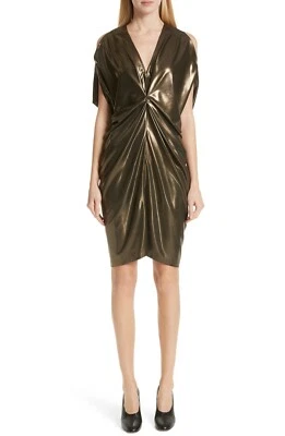 ZERO + MARIA CORNEJO Gold Metallic Lame Pleated Drape V-Neck Cocktail Dress 4 S - Изображение 1 из 4