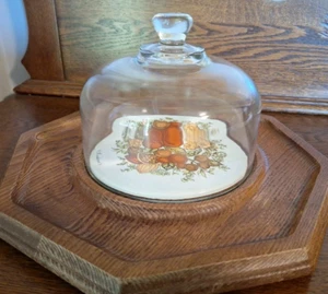 Vintage Cheese & Crackers Tray Goodwood Teak Plate With Glass Dome 7" Diam. - Picture 1 of 4