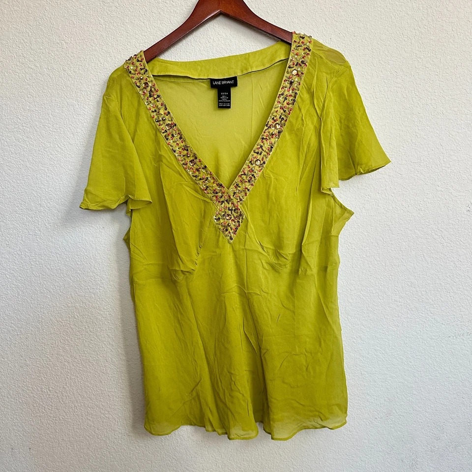 Lane Bryant Top 22/24 Babydoll 100% Silk Women Y2K Beaded Chartreuse Sheer - Image 1 of 4