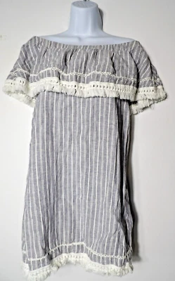 1. Túnica State Pequeña Lino Cambray Hombro Descubierto Boho Azul Blanco Rayas Casa de Campo Foto 1 de 4