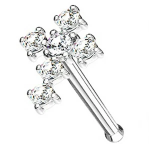 Nose Bone Ring Cross Clear Gems 5x7mm Head 20 Gauge 1/4" Steel - Picture 1 of 3