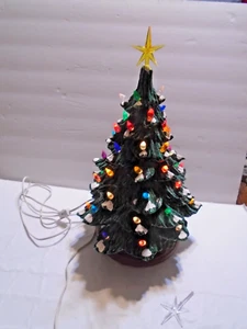 Vintage Ceramic Christmas Tree 16" Green Flocked Light Up Lamp - Picture 1 of 15